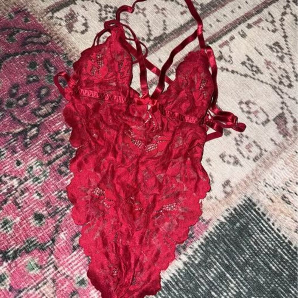 Red Strappy Lace Bodysuit sexy small-medium unique bright vibrant